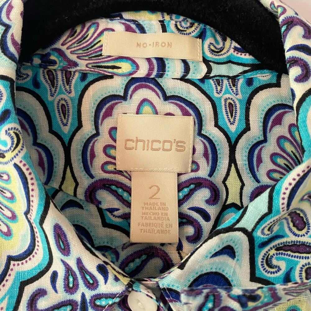 Chico's Blue Purple Paisley Print Button Down Shirt 100% Linen 2 / Large / 12 - Picture 2 of 9